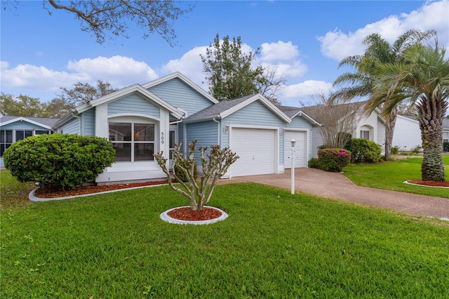 single story home with a front yard, roof with shingles, driveway, and an attached garage