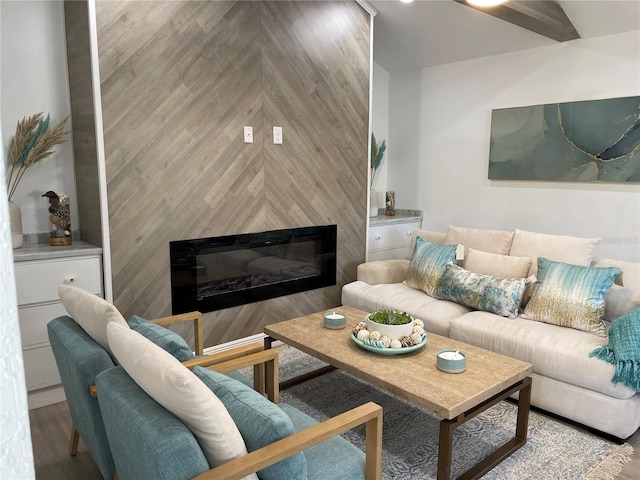 living area with wood finished floors and a glass covered fireplace