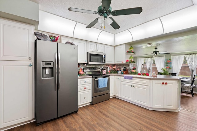 kitchen featuring a peninsula, appliances with stainless steel finishes, a sink, and wood finished floors