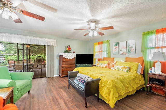 bedroom with a textured ceiling, access to outside, ceiling fan, and wood finished floors