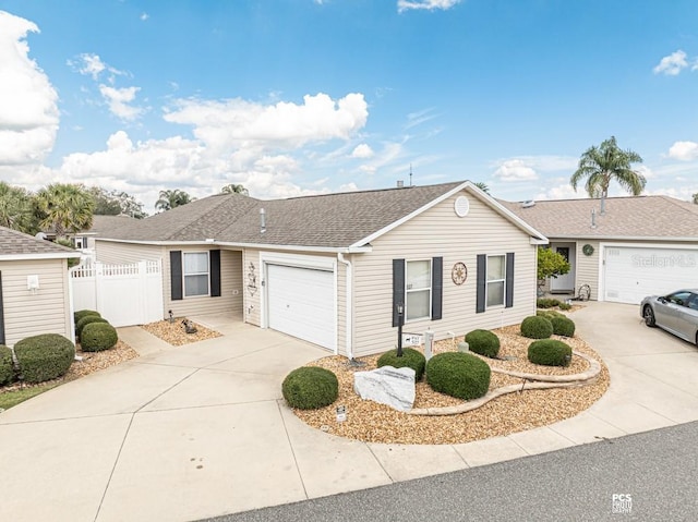 ranch-style home featuring an attached garage, a shingled roof, fence, and concrete driveway