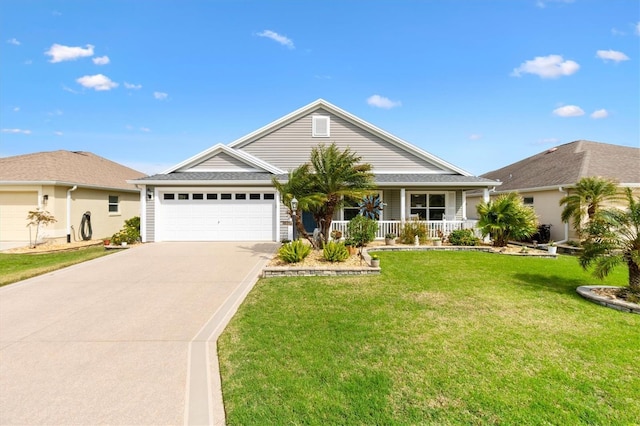 ranch-style home featuring an attached garage, a porch, concrete driveway, and a front yard