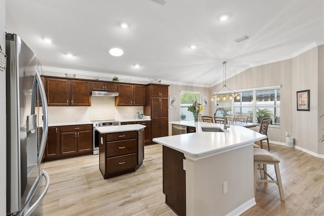 kitchen featuring under cabinet range hood, a sink, light wood-style floors, appliances with stainless steel finishes, and a large island with sink