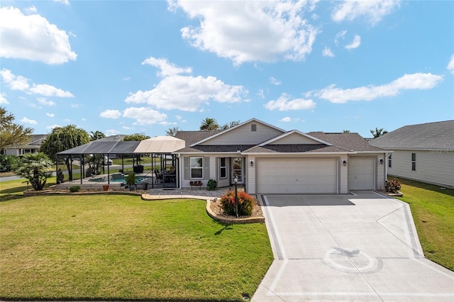 ranch-style home with driveway, an attached garage, a lanai, and a front lawn