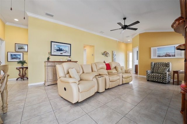 living room featuring light tile patterned floors, visible vents, crown molding, and lofted ceiling