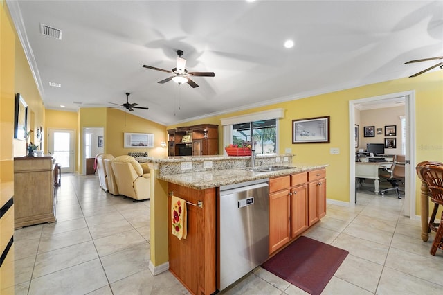 kitchen featuring stainless steel dishwasher, ornamental molding, light tile patterned floors, and a sink