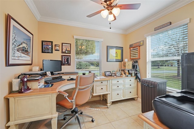 office area featuring light tile patterned floors, crown molding, and ceiling fan