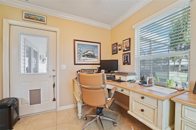 office featuring light tile patterned floors, baseboards, and ornamental molding