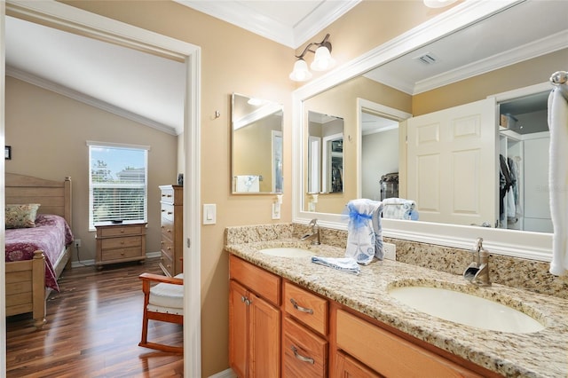 bathroom featuring a sink, wood finished floors, and ornamental molding