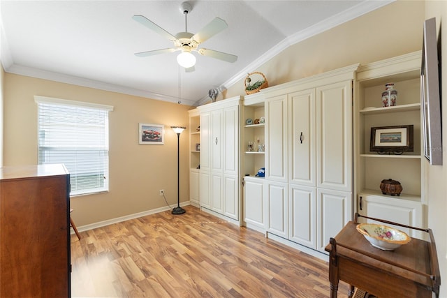 bedroom featuring baseboards, light wood finished floors, ceiling fan, ornamental molding, and vaulted ceiling