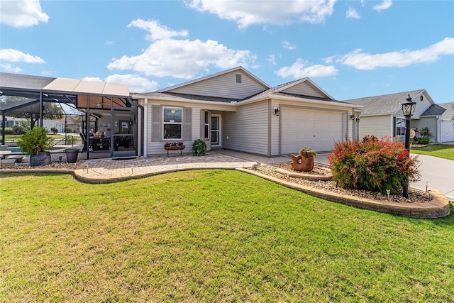 ranch-style house featuring a garage, a lanai, a front yard, and concrete driveway