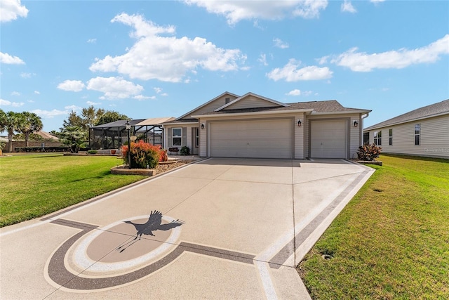 single story home with a garage, driveway, and a front yard