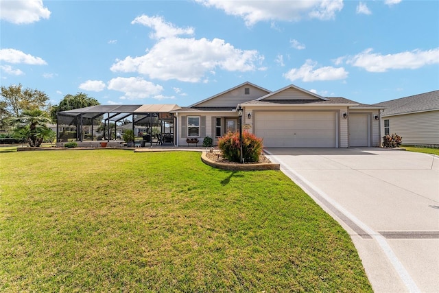 single story home featuring glass enclosure, an attached garage, concrete driveway, and a front yard