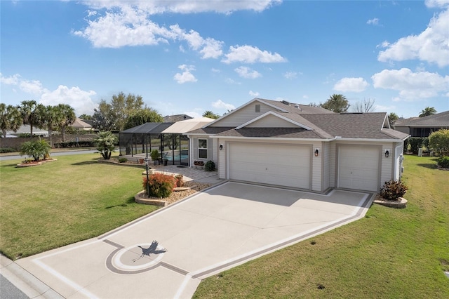 ranch-style home featuring a shingled roof, a front lawn, a lanai, driveway, and an attached garage