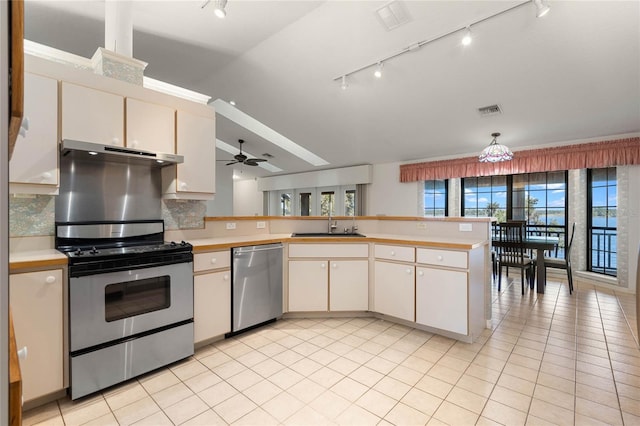 kitchen with under cabinet range hood, a peninsula, a sink, light countertops, and appliances with stainless steel finishes