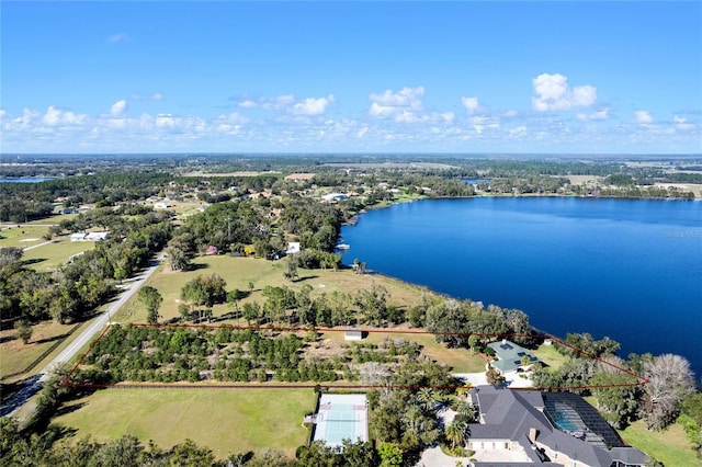 bird's eye view with a water view