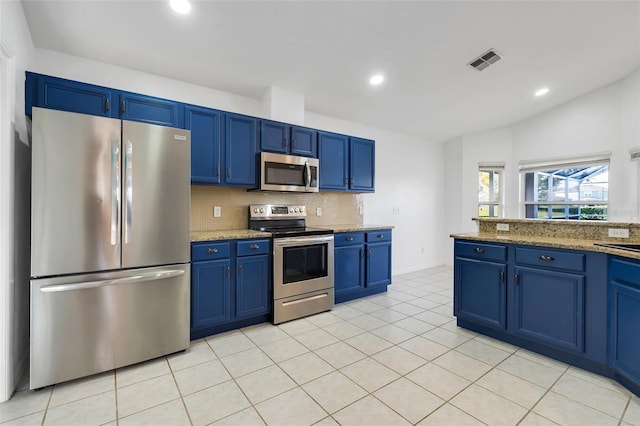 kitchen featuring blue cabinets, visible vents, and appliances with stainless steel finishes