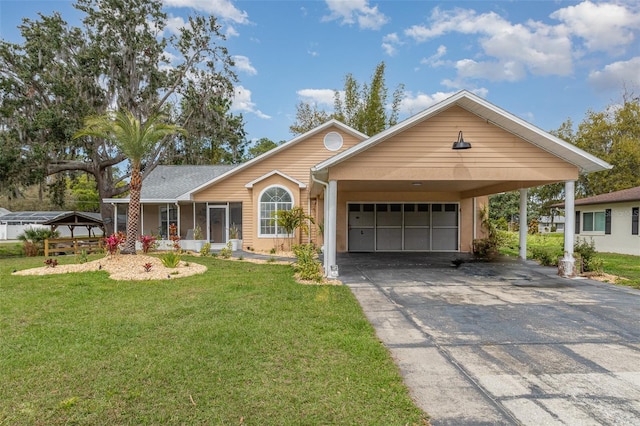 ranch-style home with an attached carport, a front yard, a garage, and driveway