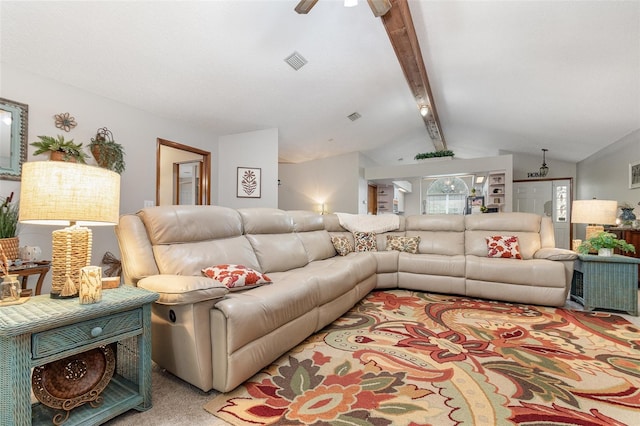 living room featuring carpet, visible vents, ceiling fan, and lofted ceiling with beams