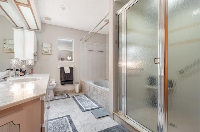 full bath featuring visible vents, toilet, a garden tub, vanity, and a shower stall