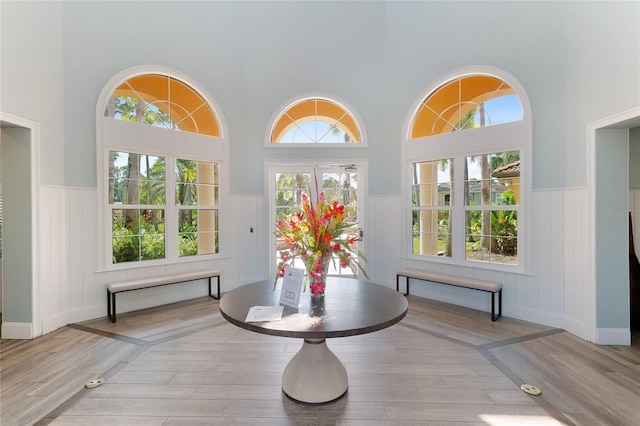 dining area with a wainscoted wall, a high ceiling, and wood finished floors