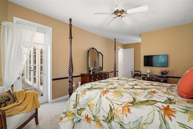 bedroom with access to outside, baseboards, ceiling fan, and carpet flooring