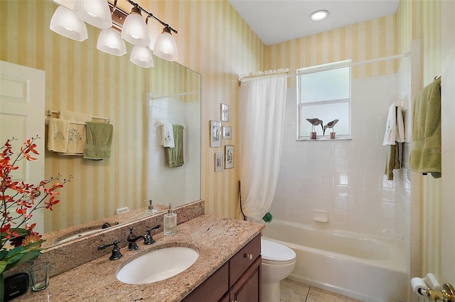 full bath with wallpapered walls, shower / bath combo, toilet, tile patterned flooring, and vanity