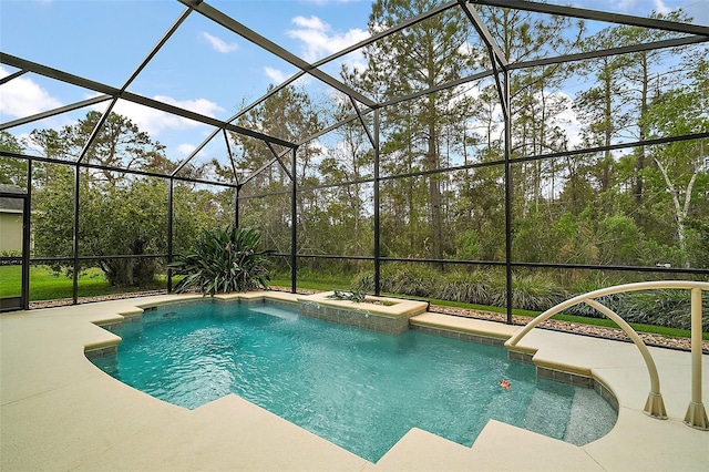 outdoor pool with glass enclosure and a patio