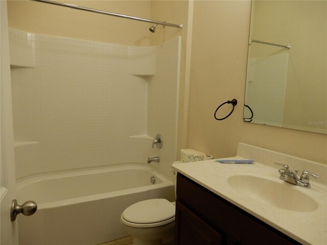 full bathroom with toilet, vanity, and bathing tub / shower combination