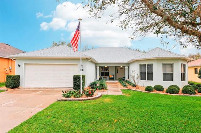 ranch-style home featuring an attached garage, driveway, roof with shingles, stucco siding, and a front yard