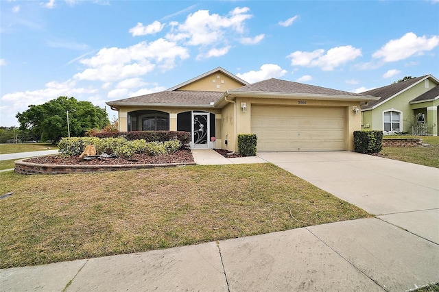 3866 Bayshore Cir, Tavares, FL 32778 - ranch-style house with stucco siding, an attached garage, a front lawn, and concrete driveway