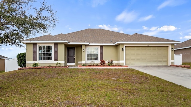 single story home with stucco siding, a shingled roof, concrete driveway, an attached garage, and a front yard