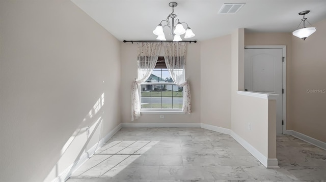 unfurnished dining area featuring a chandelier, marble finish floor, visible vents, and baseboards