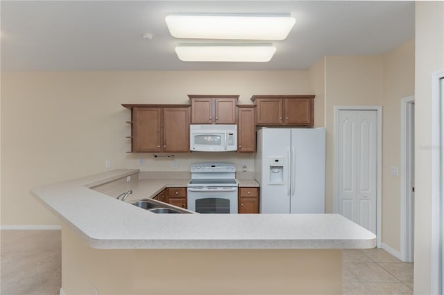 kitchen with brown cabinets, open shelves, a sink, white appliances, and a peninsula