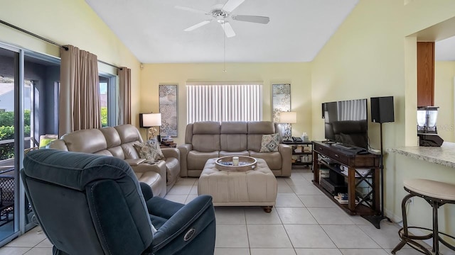 3773 Eversholt St, Clermont, FL 34711 - living area with light tile patterned flooring, ceiling fan, and lofted ceiling
