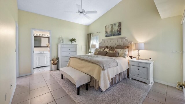 3773 Eversholt St, Clermont, FL 34711 - bedroom with lofted ceiling, a ceiling fan, ensuite bathroom, light tile patterned floors, and baseboards