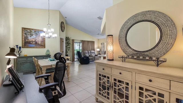 3773 Eversholt St, Clermont, FL 34711 - office area with light tile patterned floors, visible vents, high vaulted ceiling, and ceiling fan with notable chandelier