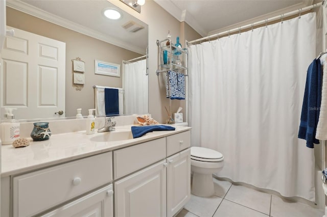 bathroom featuring tile patterned floors, visible vents, toilet, ornamental molding, and vanity