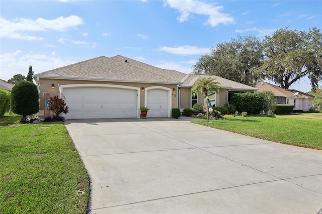 ranch-style home with a front lawn, an attached garage, driveway, and stucco siding