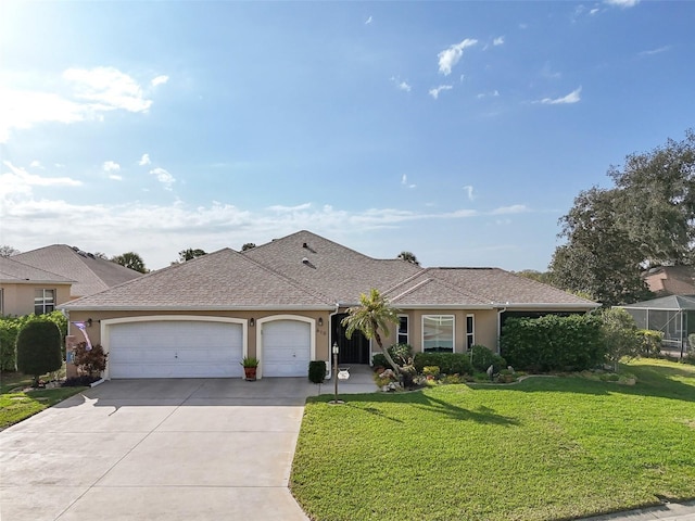 single story home featuring stucco siding, an attached garage, concrete driveway, and a front lawn