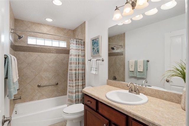 bathroom featuring toilet, vanity, and shower / bathtub combination with curtain