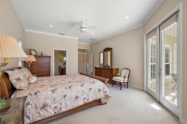 carpeted bedroom featuring access to exterior, baseboards, visible vents, and ornamental molding