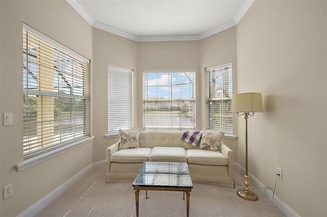 living room with carpet floors, baseboards, and ornamental molding