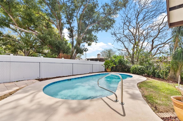 view of swimming pool featuring a patio area, a fenced backyard, and a fenced in pool