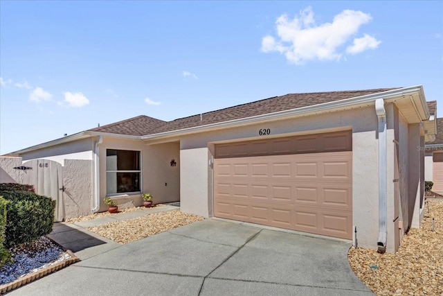 ranch-style house with a garage, concrete driveway, roof with shingles, and stucco siding