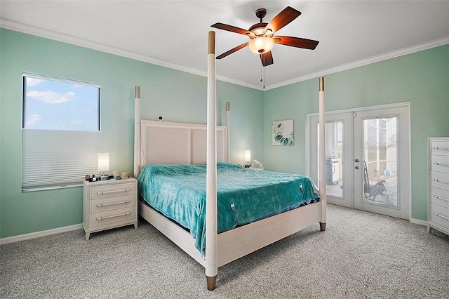 bedroom with light carpet, access to exterior, ornamental molding, and french doors