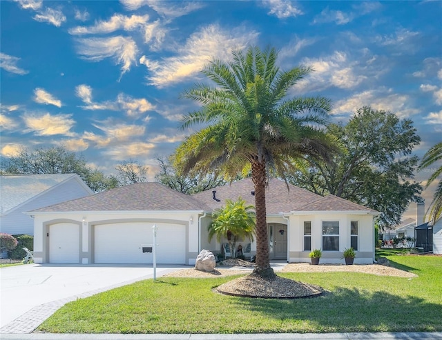 single story home featuring an attached garage, driveway, a lawn, and stucco siding