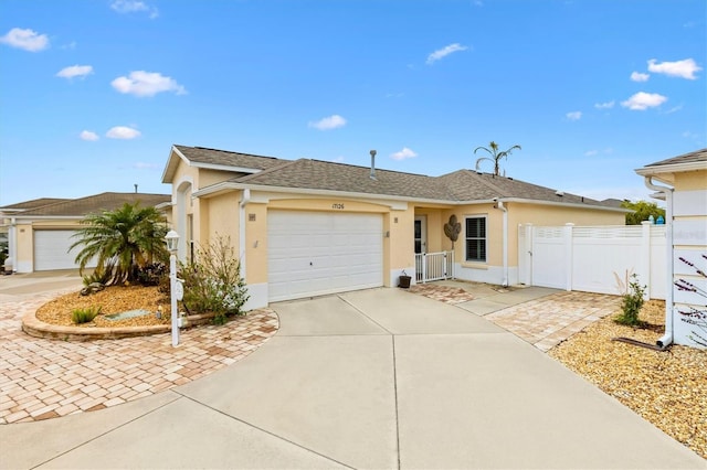 ranch-style house featuring concrete driveway, an attached garage, fence, and stucco siding