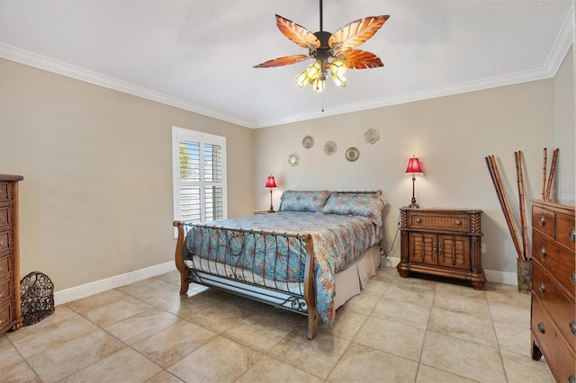 bedroom featuring a ceiling fan, light tile patterned floors, baseboards, and crown molding