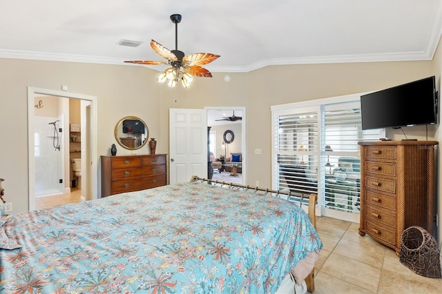 bedroom featuring light tile patterned flooring, visible vents, vaulted ceiling, access to outside, and ornamental molding